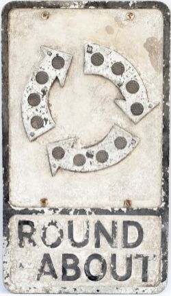 Road motoring sign ROUND-ABOUT. Cast aluminium complete with glass fruit gum reflectors. In original