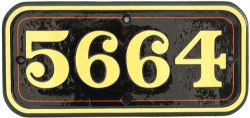 Cabside numberplate 5664 ex GWR Collett 0-6-2 T built at Swindon in 1926. Sheds included Ferndale