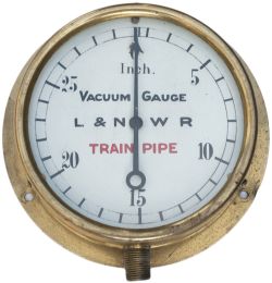 London and North Western Railway brass cased locomotive vacuum gauge. The dial is enamelled L&NWR