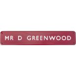 BR(M) FF enamel doorplate MR D GREENWOOD measuring 18in x 3.5in and is in virtually mint