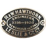 Worksplate R&W HAWTHORN, LESLIE & CO LTD ENGINEERS NEWCASTLE-ON-TYNE 3398 1920 ex TVR Cameron A