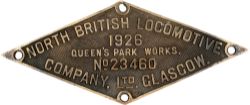 Worksplate NORTH BRITISH LOCOMOTIVE COMPANY LTD GLASGOW QUEENS PARK WORKS No23460 1926 ex Fowler