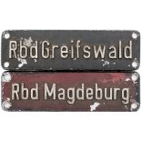 A pair of East German Railways (Deutsche Reichsbahn) cab shedplates Rbd GREIFSWALD and Rbd