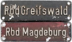 A pair of East German Railways (Deutsche Reichsbahn) cab shedplates Rbd GREIFSWALD and Rbd
