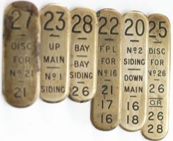 GWR brass signal lever leads x6 consisting of numbers 27 DISC, 23 UP MAIN, 28 BAY, 22 F.P.L. , 20