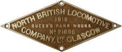 Worksplate NORTH BRITISH LOCOMOTIVE COMPANY LTD GLASGOW QUEENS PARK WORKS No21896 1918 ex Robinson