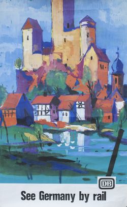 Poster DB SEE GERMANY BY RAIL by Motiv Lahn 1963. Double Royal 25in x 40in. Produced for the UK