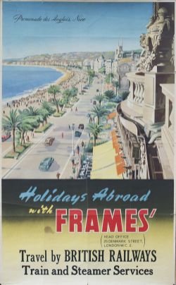 Poster BR HOLIDAYS ABROAD WITH FRAMES TRAVEL BY BRITISH RAILWAYS TRAIN AND STEAMER SERVICES.