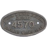 Worksplate LONDON & NORTH EASTERN RAILWAY COWLAIRS WORKS 1918 4570 ex NBR Reid J37 0-6-0