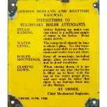 LMS enamel sign LONDON MIDLAND AND SCOTTISH RAILWAY INSTRUCTIONS TO STATIONARY BOILER ATTENDANTS, RE