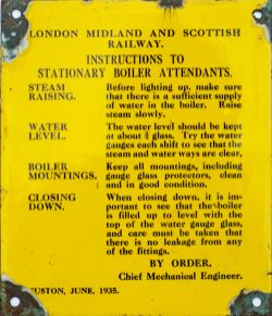 LMS enamel sign LONDON MIDLAND AND SCOTTISH RAILWAY INSTRUCTIONS TO STATIONARY BOILER ATTENDANTS, RE