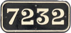 GWR cast iron cabside numberplate 7232 ex GWR Churchward 2-8-0 T built at Swindon in 1926.
