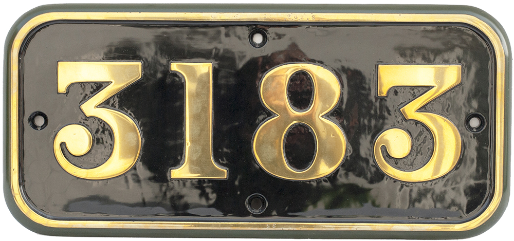 GWR brass cabside numberplate 3183 ex Churchward 2-6-2 T built at Swindon in 1907. A long time 86E