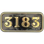 GWR brass cabside numberplate 3183 ex Churchward 2-6-2 T built at Swindon in 1907. A long time 86E