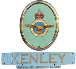 Nameplate and badge KENLEY ex SR Bulleid Battle Of Britain 4-6-2 built at Brighton in 1947 and