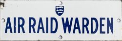 Enamel World War 2 sign AIR RAID WARDEN with Essex County shield. Measures 9in x 3in and is in