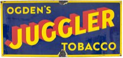 Advertising enamel sign OGDEN'S JUGGLER TOBACCO measuring 22in x 10in. In good condition with a