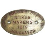 Worksplate GREAT NORTHERN RAILWAY CO (re-engraved)MAKERS DONCASTER No 1499 1919 ex Gresley J51/2 0-
