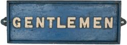 Wooden railway sign with cast iron letters GENTLEMEN. In original ex railway condition measures 23.