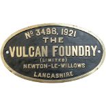 Worksplate THE VULCAN FOUNDRY (LIMITED) NEWTON-LE-WILLOWS LANCASHIRE No 3498 1921 ex Taff Vale