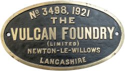 Worksplate THE VULCAN FOUNDRY (LIMITED) NEWTON-LE-WILLOWS LANCASHIRE No 3498 1921 ex Taff Vale