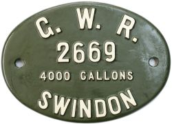 Great Western Railway cast iron locomotive tenderplate G.W.R 2669 4000 GALLONS SWINDON. This