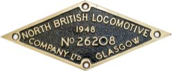 Worksplate NORTH BRITISH LOCOMOTIVE COMPANY GLASGOW No26208 1948 ex LNER B1 4-6-0 61307. Sheds