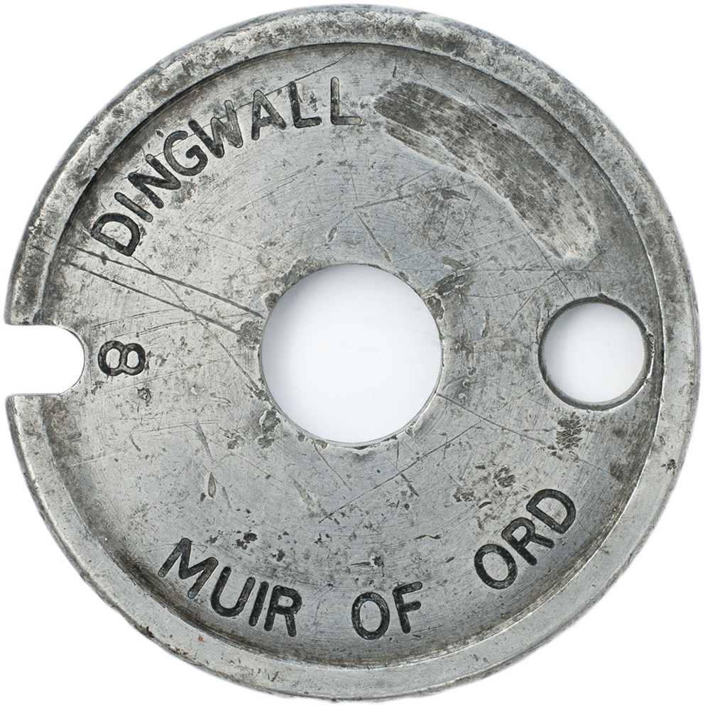 Aluminium single line tablet DINGWALL - MUIR OF ORD 8 from the former Highland Railway section.