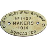 Worksplate GREAT NORTHERN RAILWAY DONCASTER MAKERS No 1427 1914 ex Gresley J50 0-6-0 T and