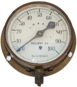 London Brighton and South Coast Railway brass cased locomotive pressure gauge. Original dial is