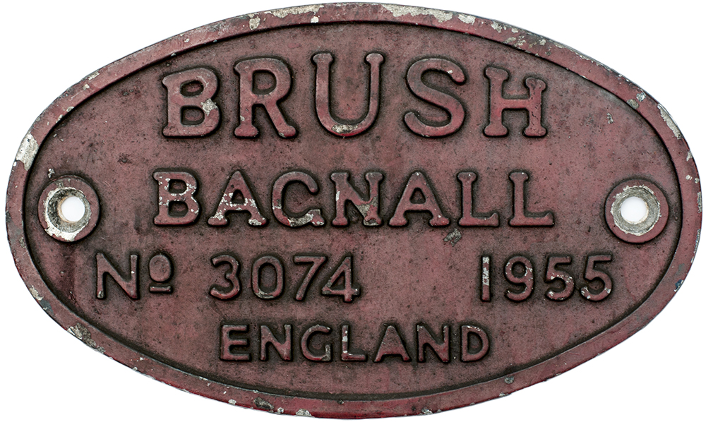 Diesel worksplate BRUSH BAGNALL No 3074 1955 ex Diesel that worked at CWN Colliery, Beddau. Oval