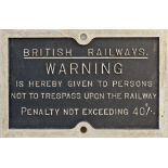 British Railways (Southern Region) cast iron TRESPASS sign. In nicely face restored condition