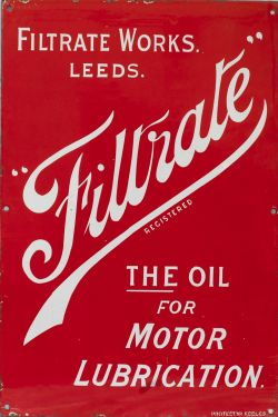 Motoring enamel advertising sign FILTRATE THE OIL FOR MOTOR LUBRICATION FILTRATE WORKS LEEDS with