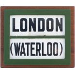 London and South Western Railway indicator board enamels. LONDON (WATERLOO) both measure 7in x 2.5in