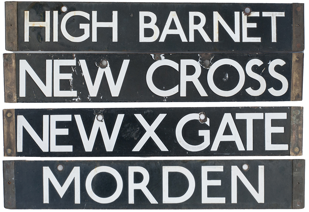 A pair of London Underground tube stock destination enamels MOORGATE / HIGH BARNET and NEW CROSS /