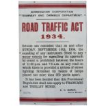 Motoring bus enamel sign BIRMINGHAM CORPORATION TRAMWAY AND OMNIBUS DEPARTMENT ROAD TRAFFIC ACT 1934