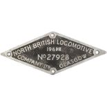 Diesel worksplate NORTH BRITISH LOCOMOTIVE COMPANY LTD GLASGOW No 27928 1962 ex British Railways