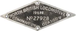 Diesel worksplate NORTH BRITISH LOCOMOTIVE COMPANY LTD GLASGOW No 27928 1962 ex British Railways