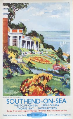 Poster BR(E) SOUTHEND-ON-SEA SUN SHELTER, THE CLIFFS by Kenneth Steel. Double Royal 25in x 40in.