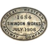 GWR tenderplate GREAT WESTERN RAILWAY COMPANY SWINDON WORKS JULY 1906 1684 3500 GALLONS. Oval