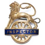 British Railways Eastern Region gilt INSPECTOR cap badge. Complete with mounts and clip, in