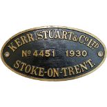 Worksplate KERR STUART & CO LTD STOKE-ON-TRENT No4451 1930 ex GWR 0-6-0PT No7716. A long time 83C