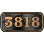 GWR cast iron cabside numberplate 3818 ex GWR Churchward 2-8-0 built at Swindon in 1940. Allocated