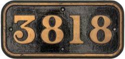 GWR cast iron cabside numberplate 3818 ex GWR Churchward 2-8-0 built at Swindon in 1940. Allocated