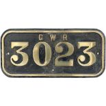 GWR brass cabside numberplate 3023 ex Robinson Rod 2-8-0 number 1699 built by the North British