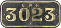 GWR brass cabside numberplate 3023 ex Robinson Rod 2-8-0 number 1699 built by the North British