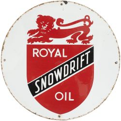 Motoring enamel advertising sign ROYAL SNOWDRIFT OIL. Measures 12in diameter and is in very good