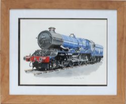 Original water gouache painting of GWR 6023 KING EDWARD II in British Railways blue livery by