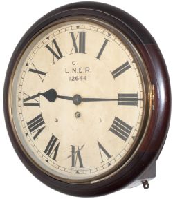 London and North Eastern Railway mahogany cased 12 inch dial clock with wire driven fusee