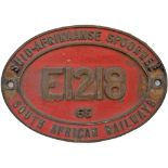 South African Railways brass cabside numberplate E1218 6E ex SAR Electric locomotive built at the